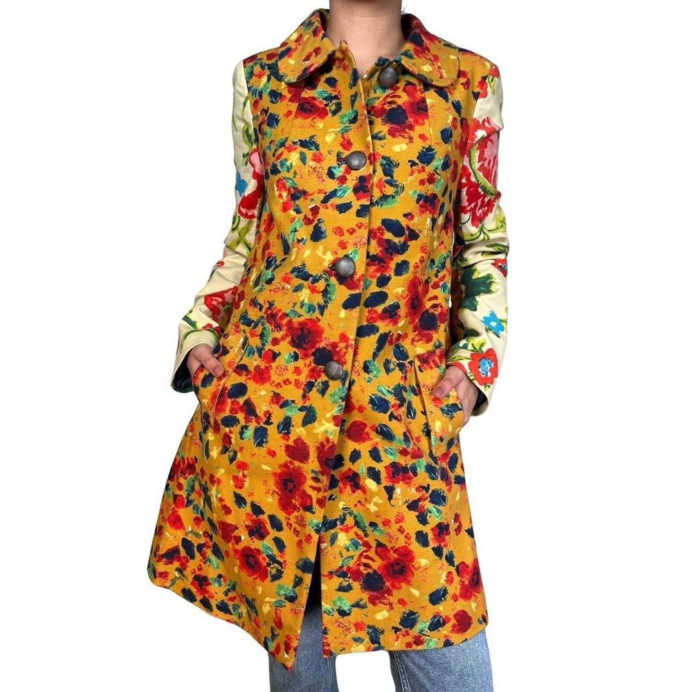 Elevenses Anthropologie Floral Tapestry Coat Mustard Yellow Mixed Print Size 2